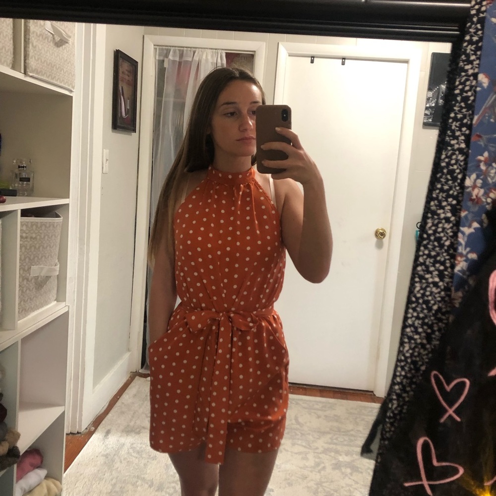 Orange polka dot romper